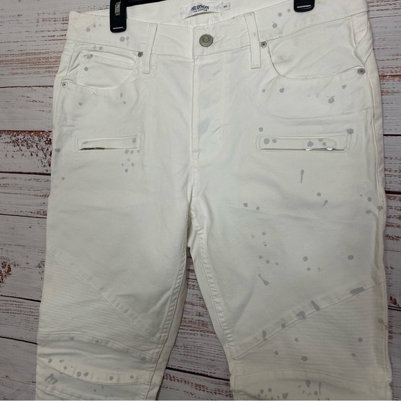 Hudson Los Angeles Blinder V2 Bike splatter Motto white button fly size 32 jeans - Picture 3 of 11